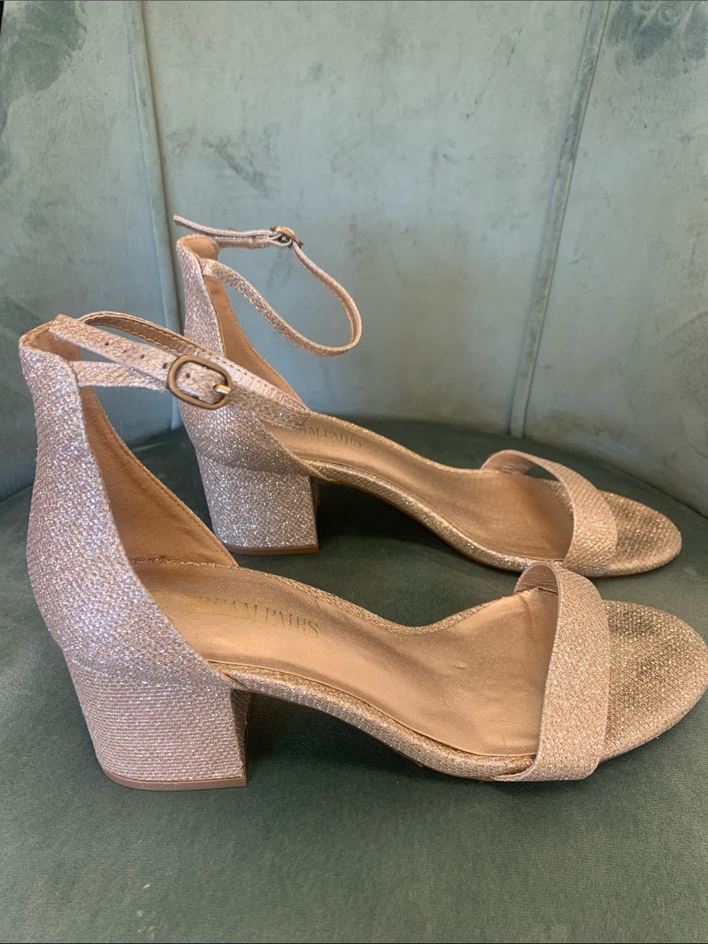 Dream Paris Y2K Glitter Block Heel Sandals with Ankle Strap - Cool Gold 8.5